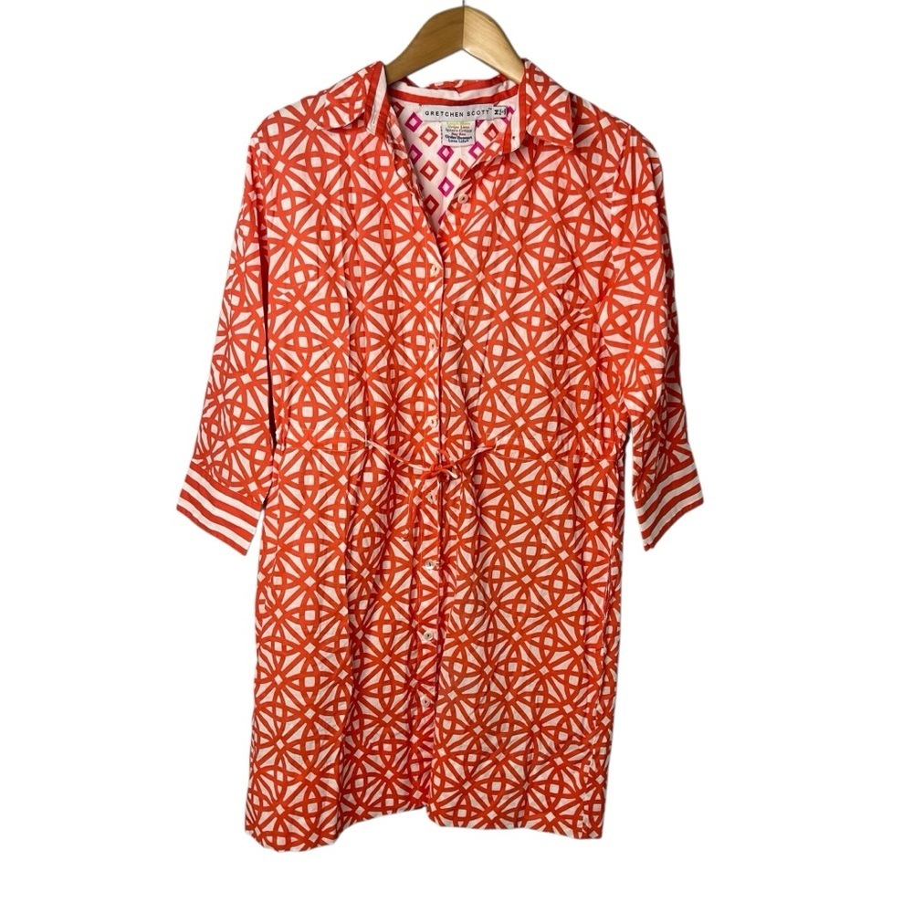 Gretchen Scott Geometrical Shirt Dress Orange Size Medium Tie Waist - Picture 1 of 6